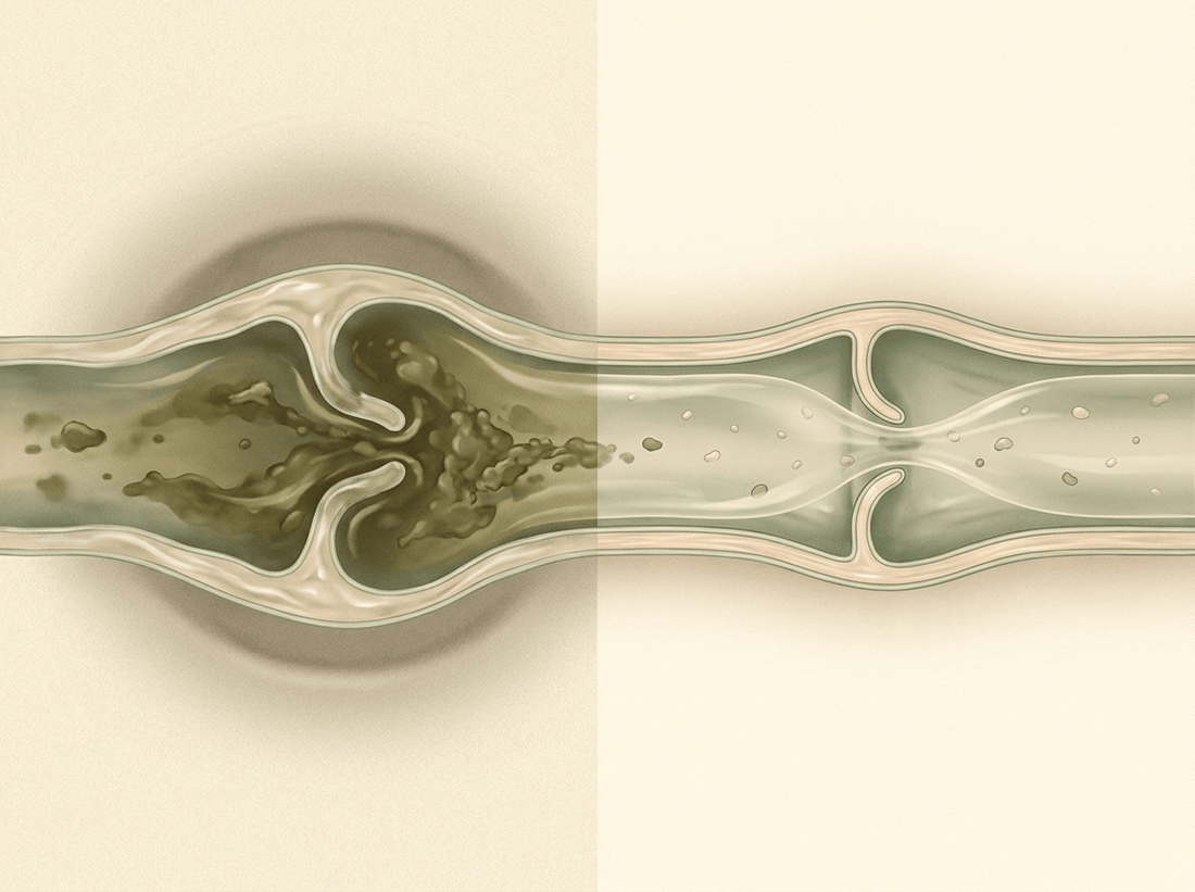 A congested lymphatic vessel beside a clear, flowing one